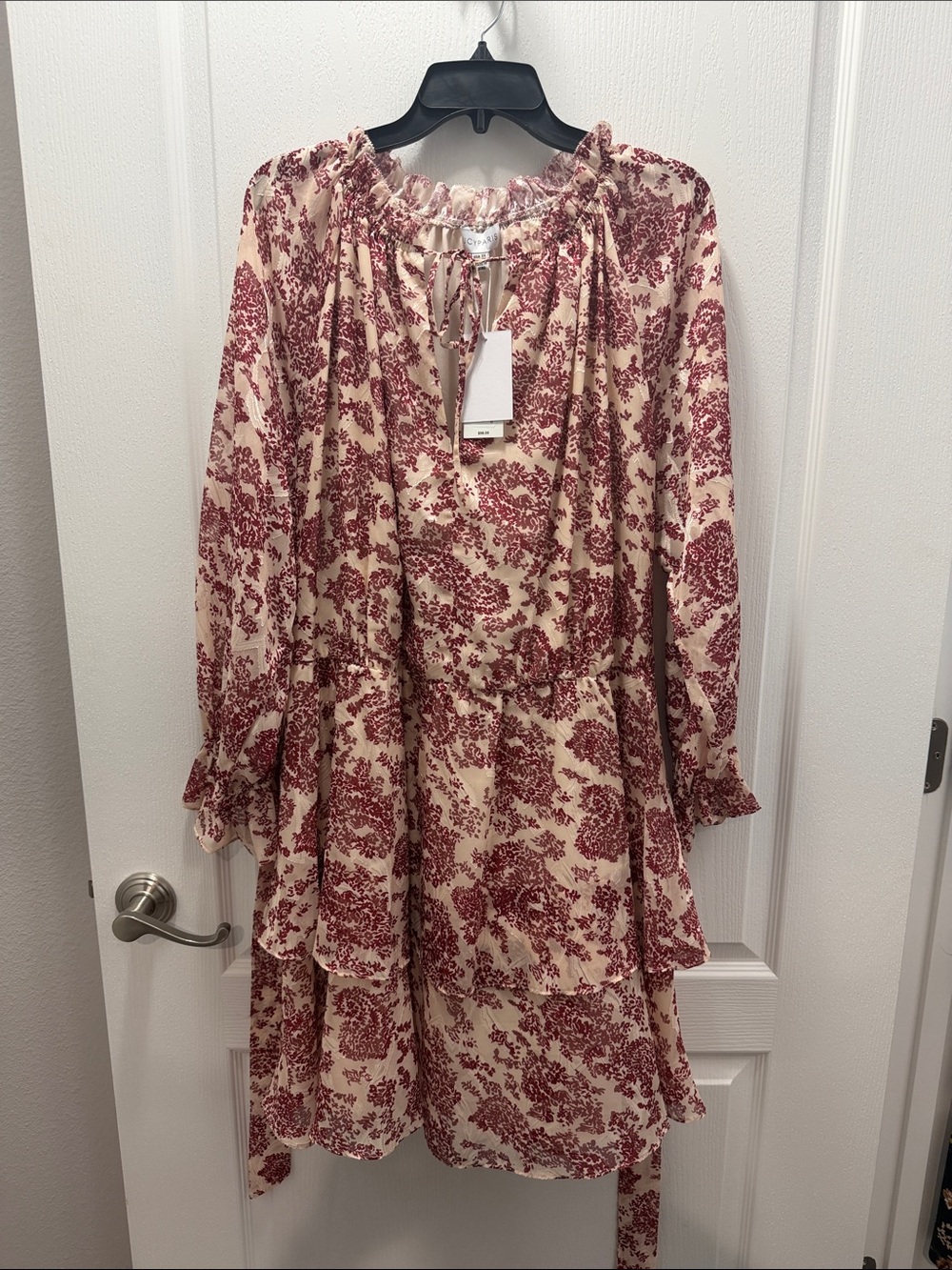Floral Tiered Long-Sleeve Dress in Cream and Burgundy